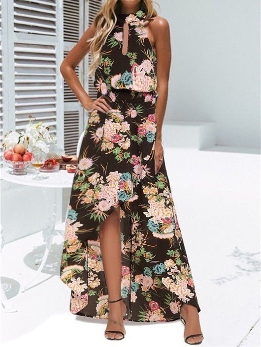 Women's Dresses Printed Halter Off Shoulder Elastic Waist Irregular Dress - Maxi Dresses - Instastyled | Online Fashion Free Shipping Clothing, Dresses, Tops, Shoes - 27/06/2022 - 30-40 - color-black