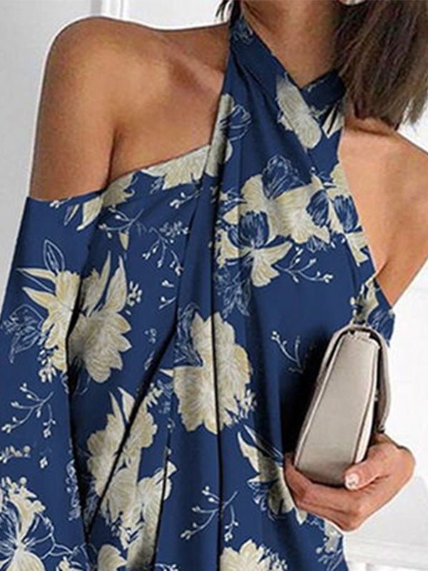 Women's Dresses Printed Halter Off-Shoulder Irregular Dress - Mini Dresses - Instastyled | Online Fashion Free Shipping Clothing, Dresses, Tops, Shoes - 25/05/2022 - 30-40 - color-blue