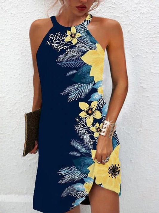 Women's Dresses Printed Halter Off-Shoulder Sleeveless Dress - Mini Dresses - Instastyled | Online Fashion Free Shipping Clothing, Dresses, Tops, Shoes - 06/06/2022 - 30-40 - color-blue