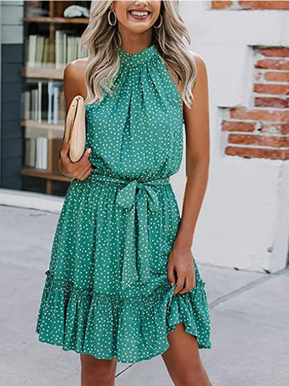 Women's Dresses Printed Halterneck Tie Ruffle Dress - Mini Dresses - Instastyled | Online Fashion Free Shipping Clothing, Dresses, Tops, Shoes - 12/07/2022 - Color_Apricot - Color_Black