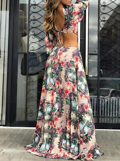 Women's Dresses Printed Hollow Long Sleeve Split Dress - Maxi Dresses - INS | Online Fashion Free Shipping Clothing, Dresses, Tops, Shoes - 19/08/2021 - 30-40 - Category_Maxi Dresses