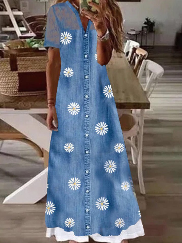 Women's Dresses Printed Lace Panel Denim Slim Dress - Maxi Dresses - Instastyled | Online Fashion Free Shipping Clothing, Dresses, Tops, Shoes - 12/05/2022 - Casual Dresses - Color_Blue