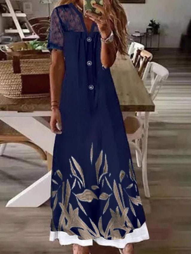 Women's Dresses Printed Lace Panel Denim Slim Dress - Maxi Dresses - Instastyled | Online Fashion Free Shipping Clothing, Dresses, Tops, Shoes - 12/05/2022 - Casual Dresses - Color_Blue