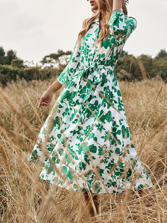 Women's Dresses Printed Lace Up Fashion Long Sleeve Midi Dress - Midi Dresses - Instastyled | Online Fashion Free Shipping Clothing, Dresses, Tops, Shoes - 29/12/2022 - Color_Black - Color_Green