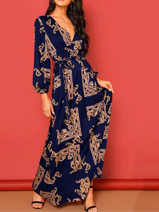 Women's Dresses Printed Lace-Up Long Sleeve Dress - Maxi Dresses - Instastyled | Online Fashion Free Shipping Clothing, Dresses, Tops, Shoes - 06/09/2022 - Color_Black - Color_Blue
