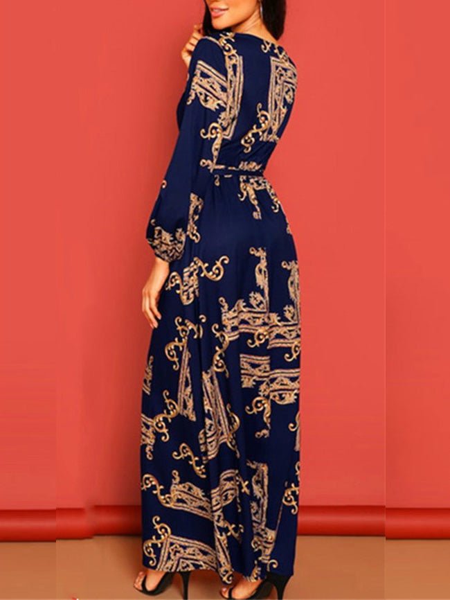 Women's Dresses Printed Lace-Up Long Sleeve Dress - Maxi Dresses - Instastyled | Online Fashion Free Shipping Clothing, Dresses, Tops, Shoes - 06/09/2022 - Color_Black - Color_Blue