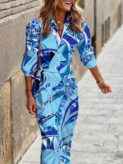 Women's Dresses Printed Lace Up Long Sleeve Shirt Dress - Maxi Dresses - Instastyled | Online Fashion Free Shipping Clothing, Dresses, Tops, Shoes - 24/09/2022 - 30-40 - color-blue
