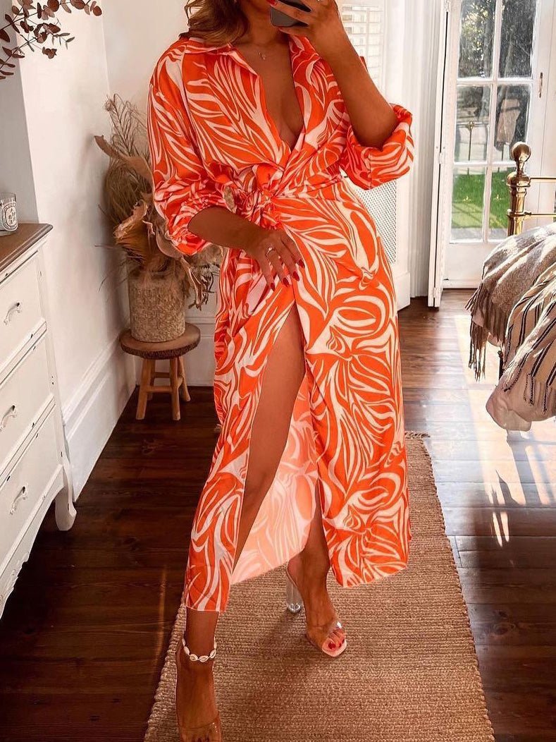 Women's Dresses Printed Lapel Collar Long Sleeve Slit Dress - Maxi Dresses - Instastyled | Online Fashion Free Shipping Clothing, Dresses, Tops, Shoes - 14/06/2022 - 40-50 - color-green