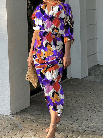 Women's Dresses Printed Lapel Single Breasted Long Sleeve Shirt Dress - Maxi Dresses - Instastyled | Online Fashion Free Shipping Clothing, Dresses, Tops, Shoes - 24/06/2022 - Color_Green - Color_Purple