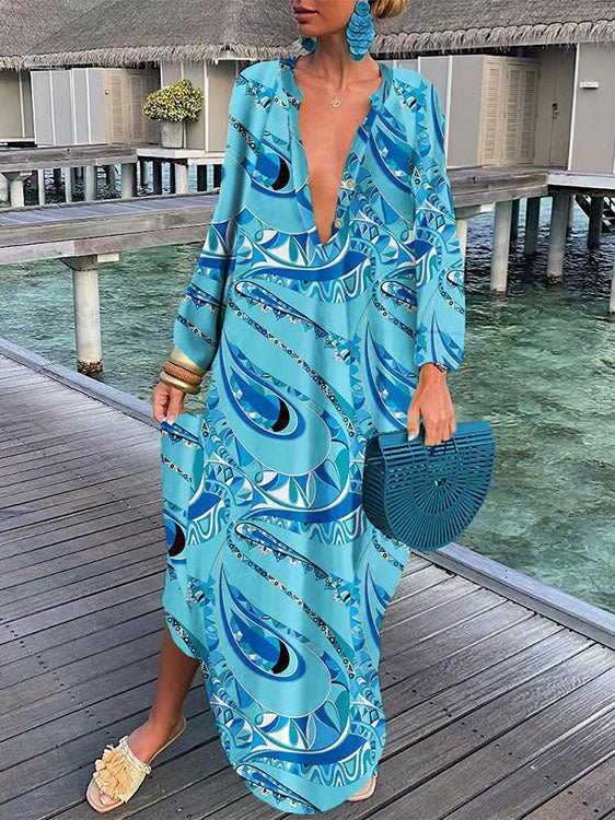 Women's Dresses Printed Long Sleeve Casual Dress - Maxi Dresses - Instastyled | Online Fashion Free Shipping Clothing, Dresses, Tops, Shoes - 15/08/2022 - Casual Dresses - Color_Blue