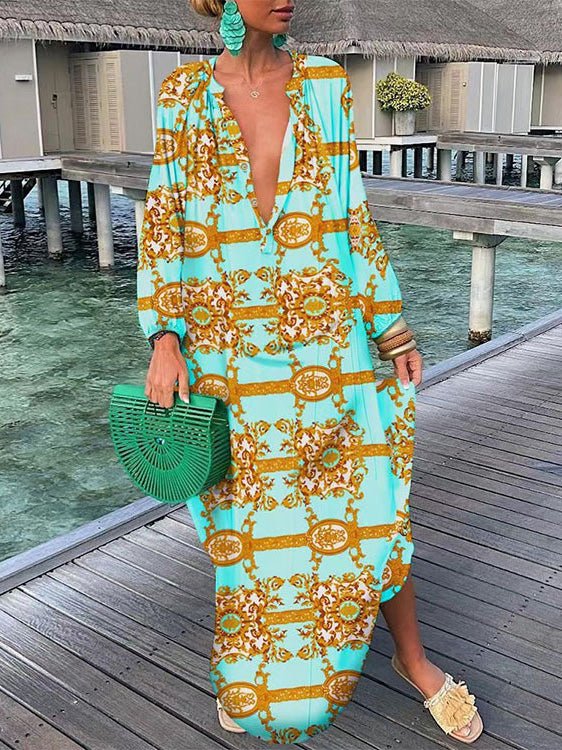 Women's Dresses Printed Long Sleeve Casual Dress - Maxi Dresses - Instastyled | Online Fashion Free Shipping Clothing, Dresses, Tops, Shoes - 15/08/2022 - Casual Dresses - Color_Blue
