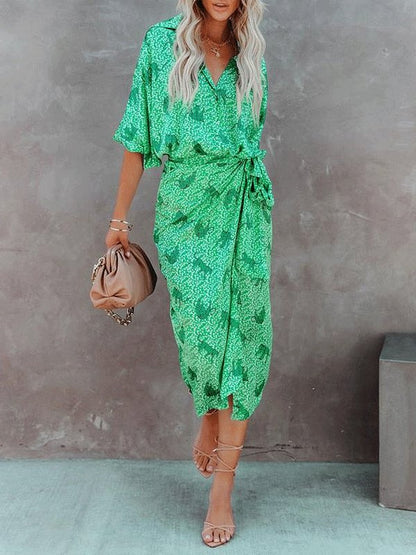 Women's Dresses Printed Long Sleeve Lapel Shirt Dress - Midi Dresses - INS | Online Fashion Free Shipping Clothing, Dresses, Tops, Shoes - 09/10/2021 - Color_Green - Color_Red