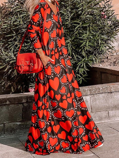 Women's Dresses Printed Long Sleeve V-Neck Pocket Dress - Maxi Dresses - Instastyled | Online Fashion Free Shipping Clothing, Dresses, Tops, Shoes - 15/02/2022 - 40-50 - Casual Dresses