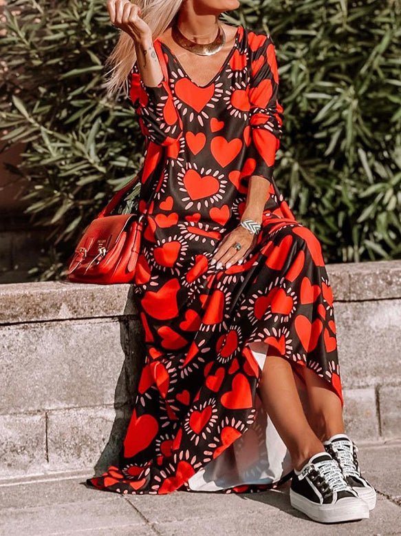 Women's Dresses Printed Long Sleeve V-Neck Pocket Dress - Maxi Dresses - Instastyled | Online Fashion Free Shipping Clothing, Dresses, Tops, Shoes - 15/02/2022 - 40-50 - Casual Dresses