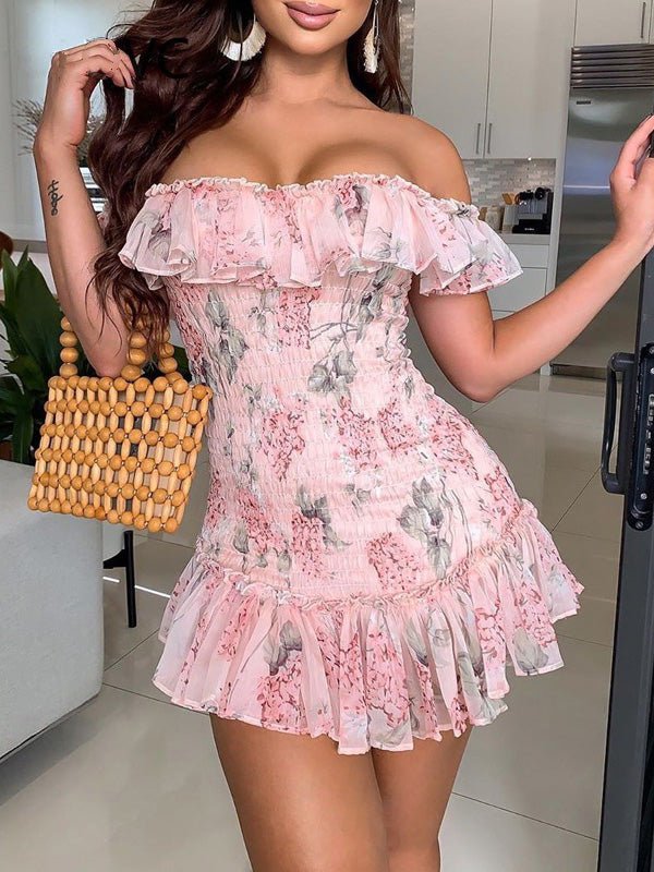 Women's Dresses Printed One-Shoulder Chiffon Ruffle Dress - Mini Dresses - Instastyled | Online Fashion Free Shipping Clothing, Dresses, Tops, Shoes - 10/05/2022 - Color_Pink - DRE2205104131