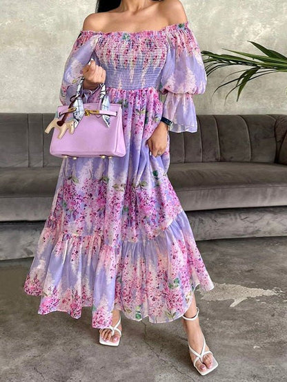 Women's Dresses Printed One-Shoulder Long Sleeve Swing Dress - Maxi Dresses - Instastyled | Online Fashion Free Shipping Clothing, Dresses, Tops, Shoes - 13/08/2022 - Color_Purple - DRE2208135132