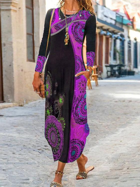 Women's Dresses Printed Pocket Long Sleeve Maxi Dress - Maxi Dresses - INS | Online Fashion Free Shipping Clothing, Dresses, Tops, Shoes - 15/10/2021 - Color_Gray - Color_Purple