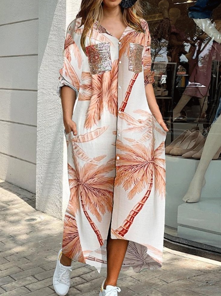 Women's Dresses Printed Pocket Long Sleeve Shirt Dress - Maxi Dresses - INS | Online Fashion Free Shipping Clothing, Dresses, Tops, Shoes - 28/09/2021 - Casual Dresses - Color