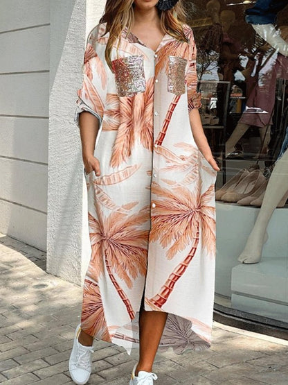 Women's Dresses Printed Pocket Long Sleeve Shirt Dress - Maxi Dresses - INS | Online Fashion Free Shipping Clothing, Dresses, Tops, Shoes - 28/09/2021 - Casual Dresses - Color