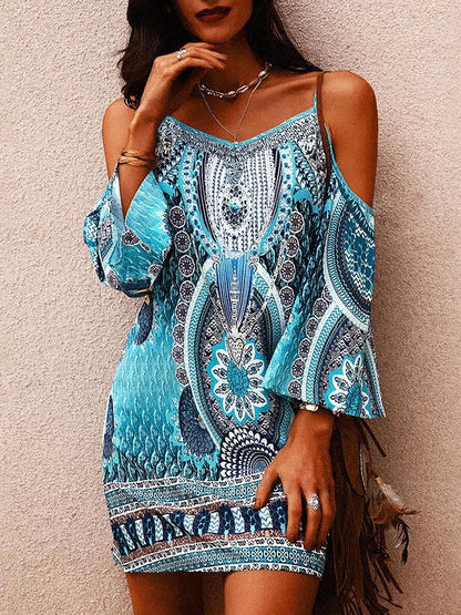 Women's Dresses Printed Round Neck Hollow Off-The-Shoulder Strap Dress - Mini Dresses - INS | Online Fashion Free Shipping Clothing, Dresses, Tops, Shoes - 03/09/2021 - 20-30 - Category_Mini Dresses