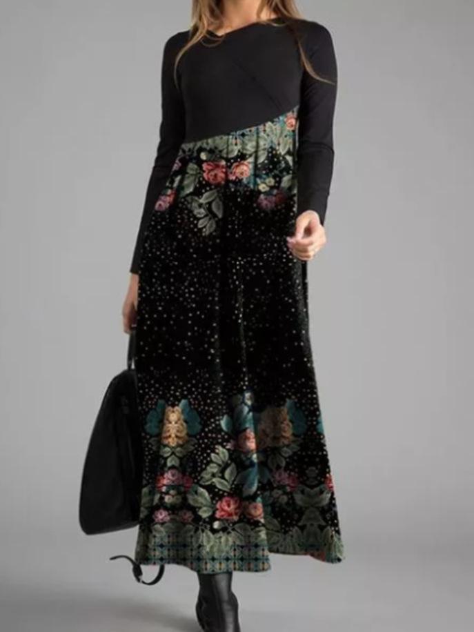 Women's Dresses Printed Round Neck Slim Long Sleeve Dress - Maxi Dresses - INS | Online Fashion Free Shipping Clothing, Dresses, Tops, Shoes - 23/11/2021 - 30-40 - color-black