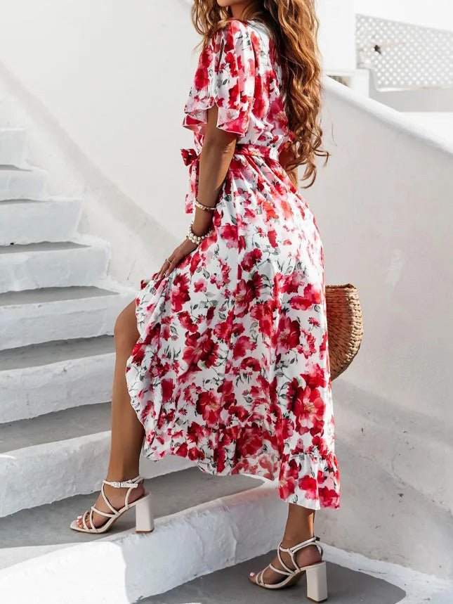 Women's Dresses Printed Short Sleeve Slit Ruffle Irregular Dress - Maxi Dresses - Instastyled | Online Fashion Free Shipping Clothing, Dresses, Tops, Shoes - 23/06/2022 - 30-40 - color-red