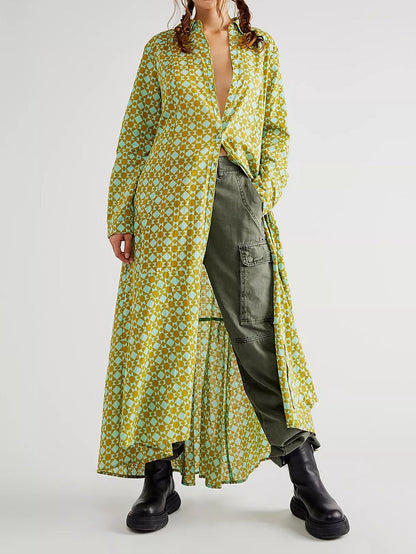 Women's Dresses Printed Single Breasted Long Sleeve Shirt Dress - Maxi Dresses - Instastyled | Online Fashion Free Shipping Clothing, Dresses, Tops, Shoes - 19/09/2022 - Color_Green - Color_Orange