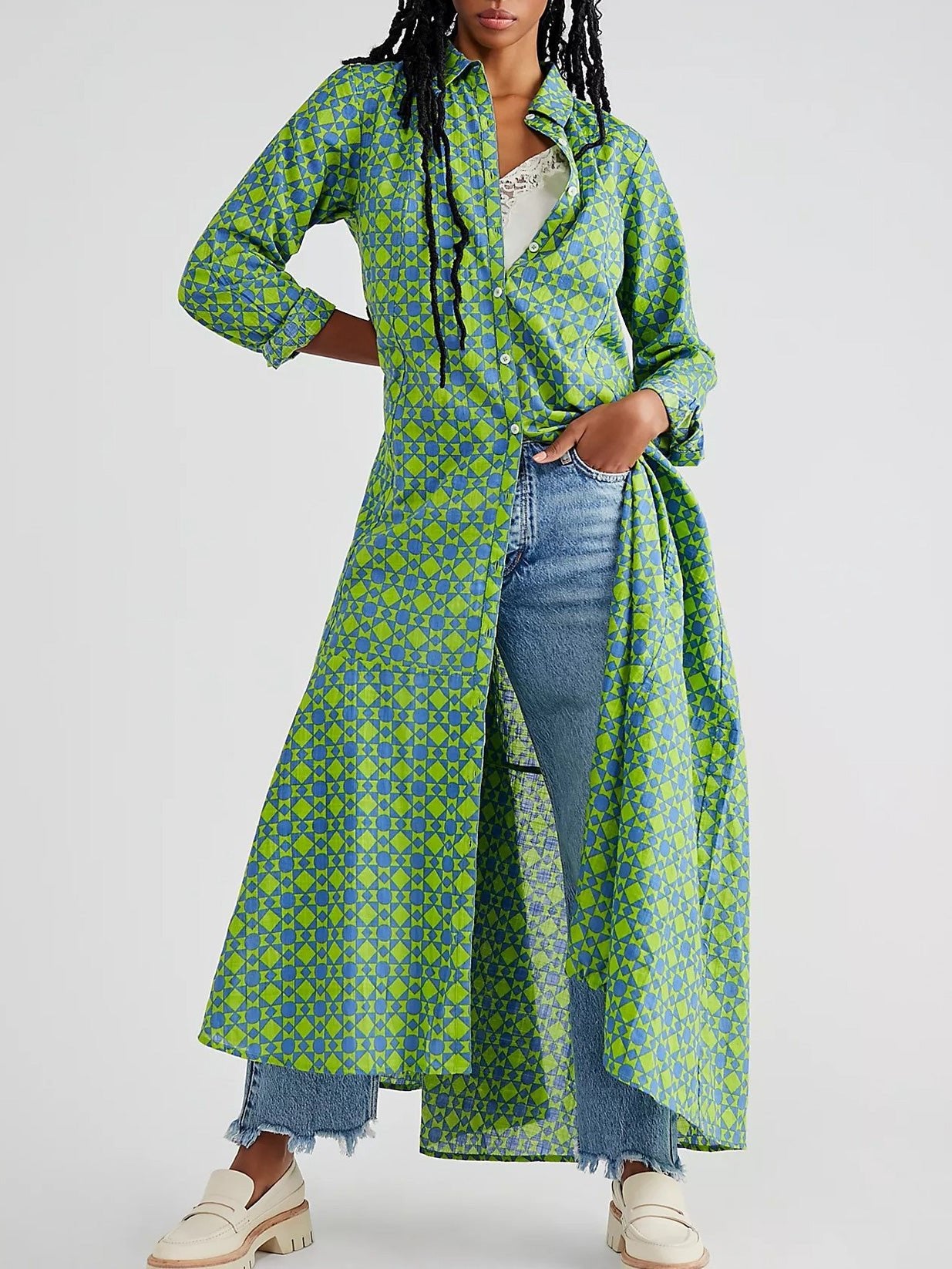 Women's Dresses Printed Single Breasted Long Sleeve Shirt Dress - Maxi Dresses - Instastyled | Online Fashion Free Shipping Clothing, Dresses, Tops, Shoes - 19/09/2022 - Color_Green - Color_Orange