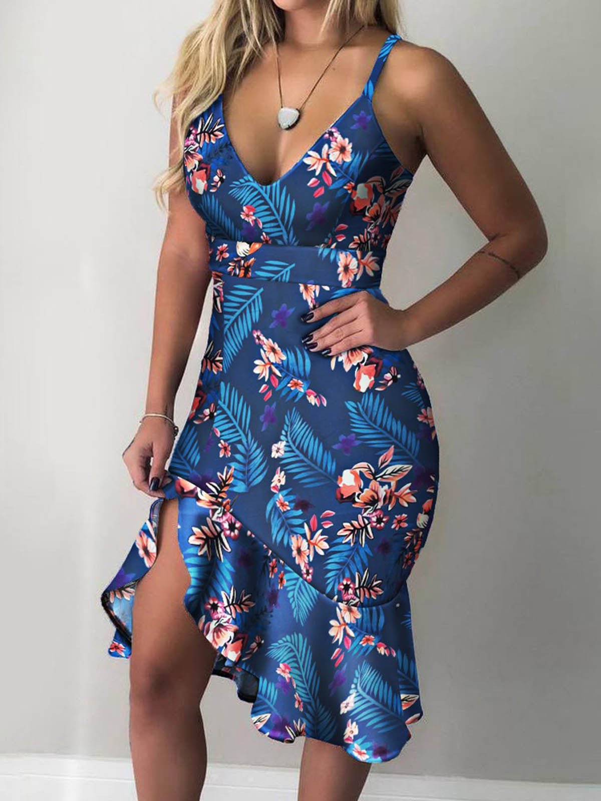 Women's Dresses Printed Sling V-Neck Ruffle Dress - Midi Dresses - Instastyled | Online Fashion Free Shipping Clothing, Dresses, Tops, Shoes - 29/07/2022 - 30-40 - bodycon-dresses
