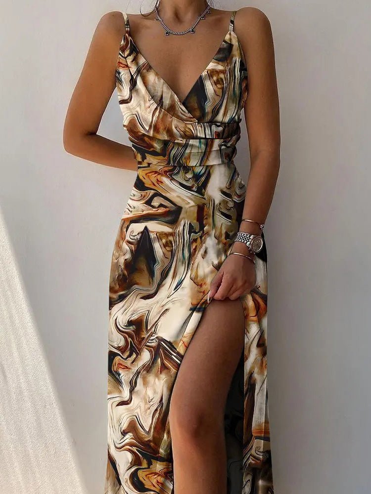 Maxi Dresses - Printed Sling V-Neck Slit Dress - MsDressly