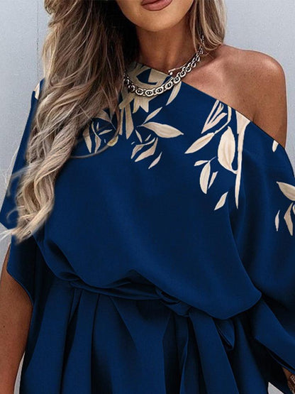 Women's Dresses Printed Sloping Shoulder Belted Casual Dress - Mini Dresses - INS | Online Fashion Free Shipping Clothing, Dresses, Tops, Shoes - 04/11/2021 - 30-40 - color-blue