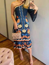 Women's Dresses Printed Sloping Shoulder Long Sleeve Dress - Midi Dresses - Instastyled | Online Fashion Free Shipping Clothing, Dresses, Tops, Shoes - 03/03/2022 - 40-50 - color-blue