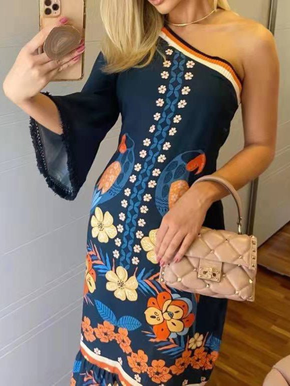 Women's Dresses Printed Sloping Shoulder Long Sleeve Dress - Midi Dresses - Instastyled | Online Fashion Free Shipping Clothing, Dresses, Tops, Shoes - 03/03/2022 - 40-50 - color-blue
