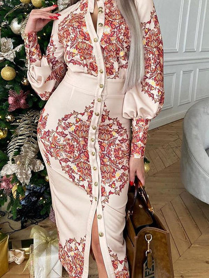 Women's Dresses Printed Stand Collar Long Sleeve Shirt Dress - Midi Dresses - INS | Online Fashion Free Shipping Clothing, Dresses, Tops, Shoes - 25/08/2021 - 40-50 - Category_Midi Dresses