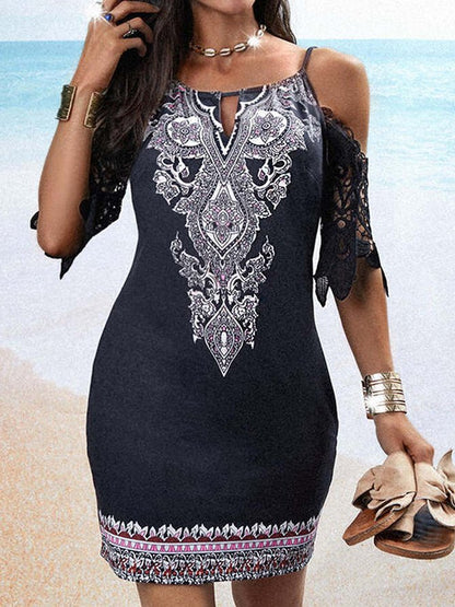 Women's Dresses Printed Strap Off Shoulder Lace Sleeve Casual Dress - Mini Dresses - Instastyled | Online Fashion Free Shipping Clothing, Dresses, Tops, Shoes - 16/03/2022 - 30-40 - Casual Dresses