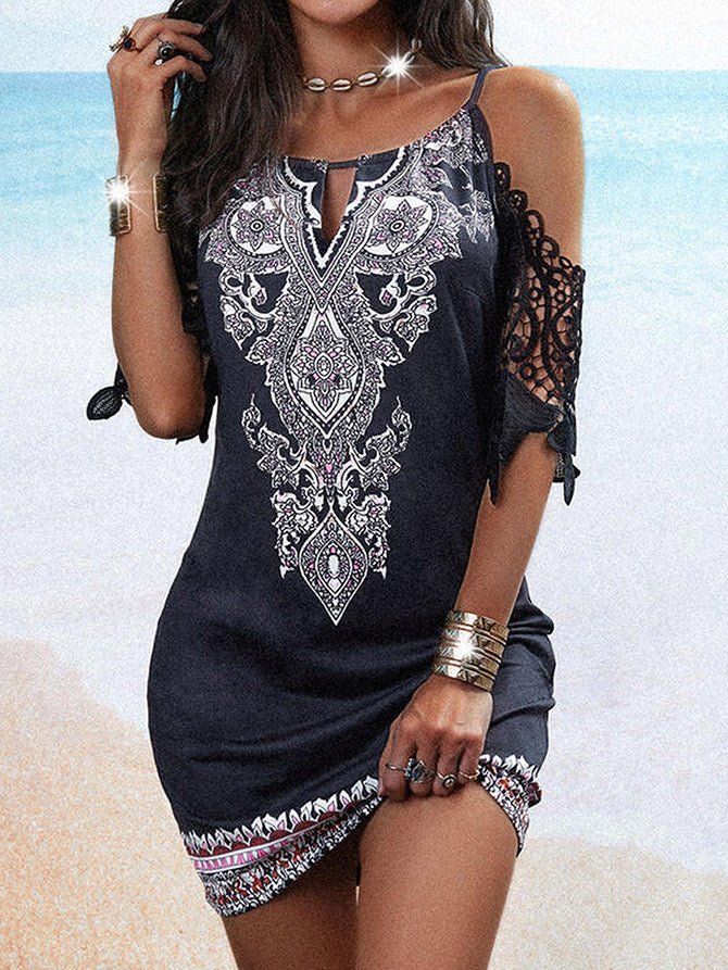 Women's Dresses Printed Strap Off Shoulder Lace Sleeve Casual Dress - Mini Dresses - Instastyled | Online Fashion Free Shipping Clothing, Dresses, Tops, Shoes - 16/03/2022 - 30-40 - Casual Dresses