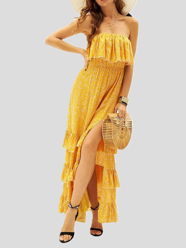 Women's Dresses Printed Tube Top Ruffled Slit Dress - Maxi Dresses - Instastyled | Online Fashion Free Shipping Clothing, Dresses, Tops, Shoes - 18/05/2022 - 30-40 - color-black