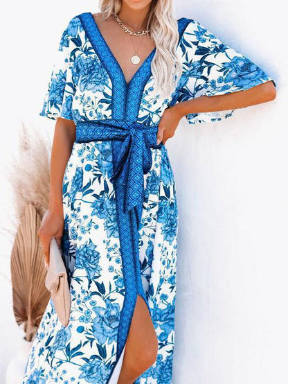 Women's Dresses Printed V-Neck Belted Elegant Slit Dress - Maxi Dresses - Instastyled | Online Fashion Free Shipping Clothing, Dresses, Tops, Shoes - 25/03/2022 - 40-50 - color-blue