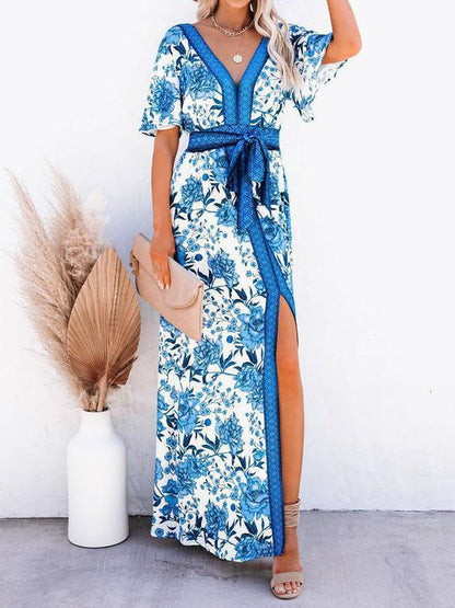 Women's Dresses Printed V-Neck Belted Elegant Slit Dress - Maxi Dresses - Instastyled | Online Fashion Free Shipping Clothing, Dresses, Tops, Shoes - 25/03/2022 - 40-50 - color-blue