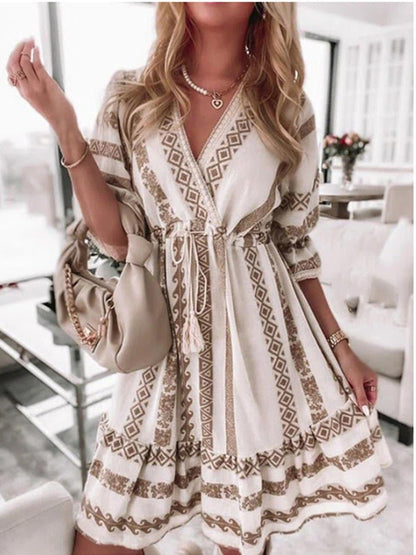 Women's Dresses Printed V-Neck Belted Mid-Sleeve Dress - Mini Dresses - Instastyled | Online Fashion Free Shipping Clothing, Dresses, Tops, Shoes - 18/03/2022 - Color_White - DRE2203183828