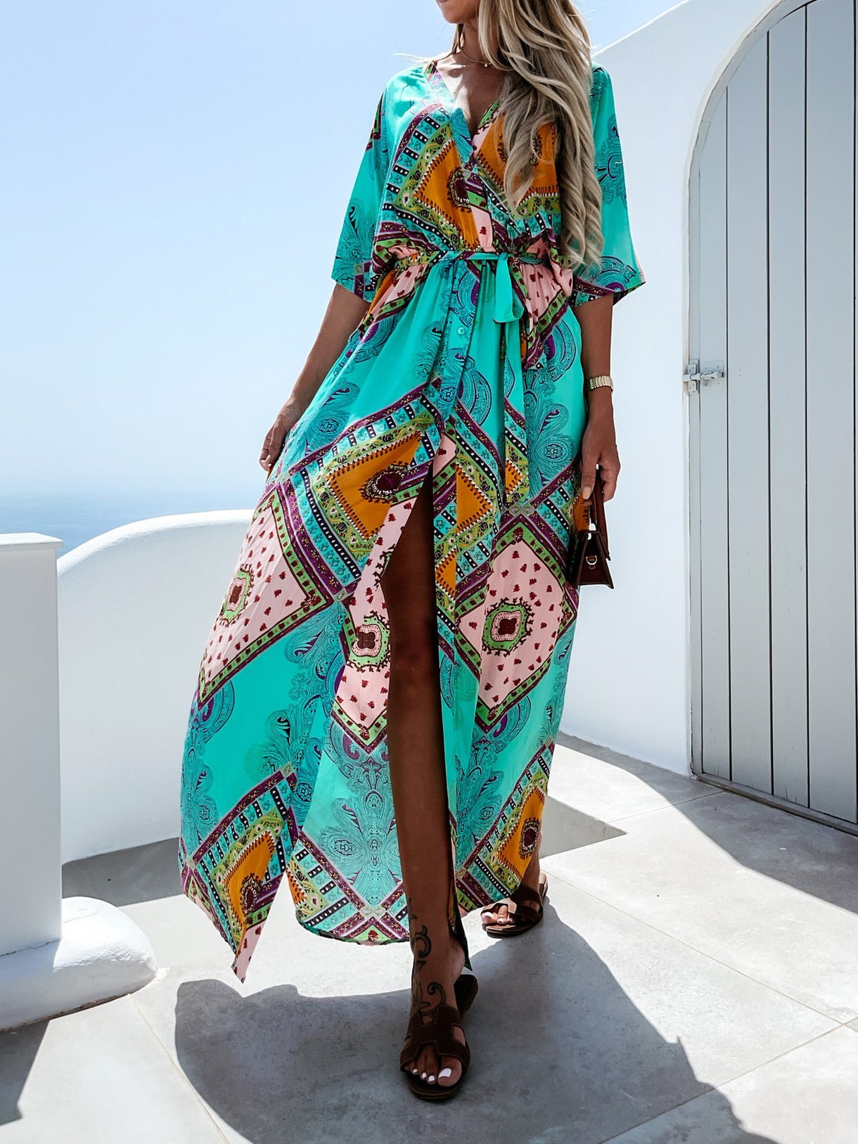 Women's Dresses Printed V-Neck Button Belted Half Sleeve Dress - Maxi Dresses - Instastyled | Online Fashion Free Shipping Clothing, Dresses, Tops, Shoes - 21/02/2022 - 30-40 - color-green