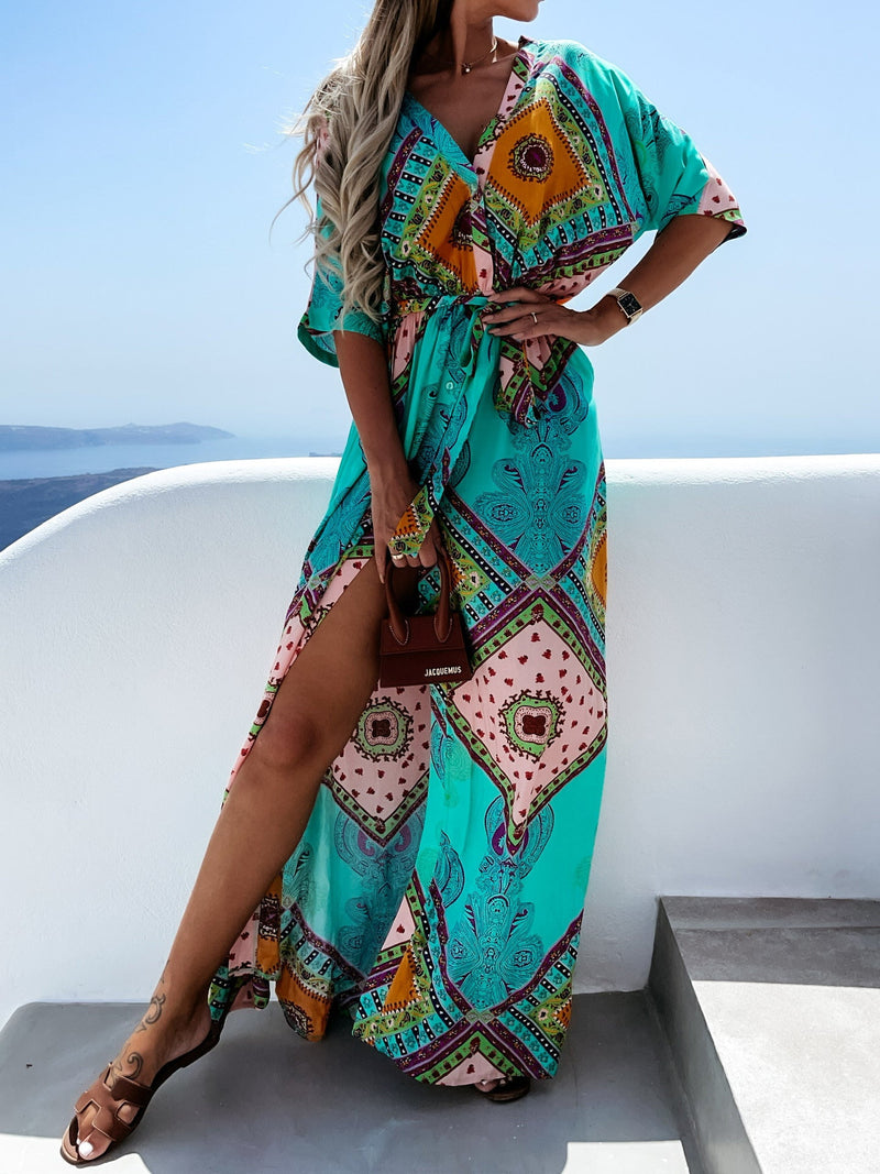 Women's Dresses Printed V-Neck Button Belted Half Sleeve Dress - Maxi Dresses - Instastyled | Online Fashion Free Shipping Clothing, Dresses, Tops, Shoes - 21/02/2022 - 30-40 - color-green