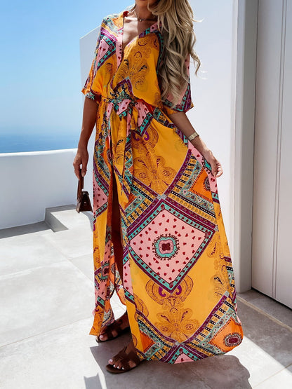 Women's Dresses Printed V-Neck Button Belted Half Sleeve Dress - Maxi Dresses - Instastyled | Online Fashion Free Shipping Clothing, Dresses, Tops, Shoes - 21/02/2022 - 30-40 - color-green