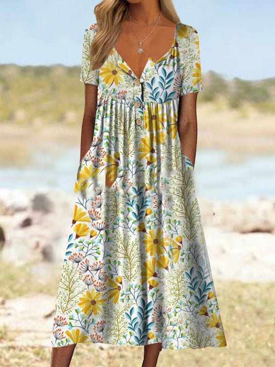 Women's Dresses Printed V-Neck Button Short Sleeve Pocket Dress - Maxi Dresses - Instastyled | Online Fashion Free Shipping Clothing, Dresses, Tops, Shoes - 24/06/2022 - Casual Dresses - Color_Green