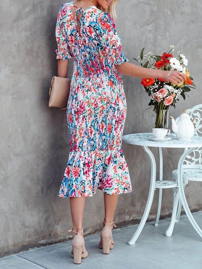 Women's Dresses Printed V-Neck Elastic Waist Ruffle Dress - Maxi Dresses - Instastyled | Online Fashion Free Shipping Clothing, Dresses, Tops, Shoes - 02/06/2022 - 40-50 - color-beige