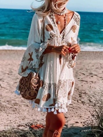 Women's Dresses Printed V-Neck Fringed Long-Sleeve Dress - Mini Dresses - Instastyled | Online Fashion Free Shipping Clothing, Dresses, Tops, Shoes - 23/05/2022 - 30-40 - color-white