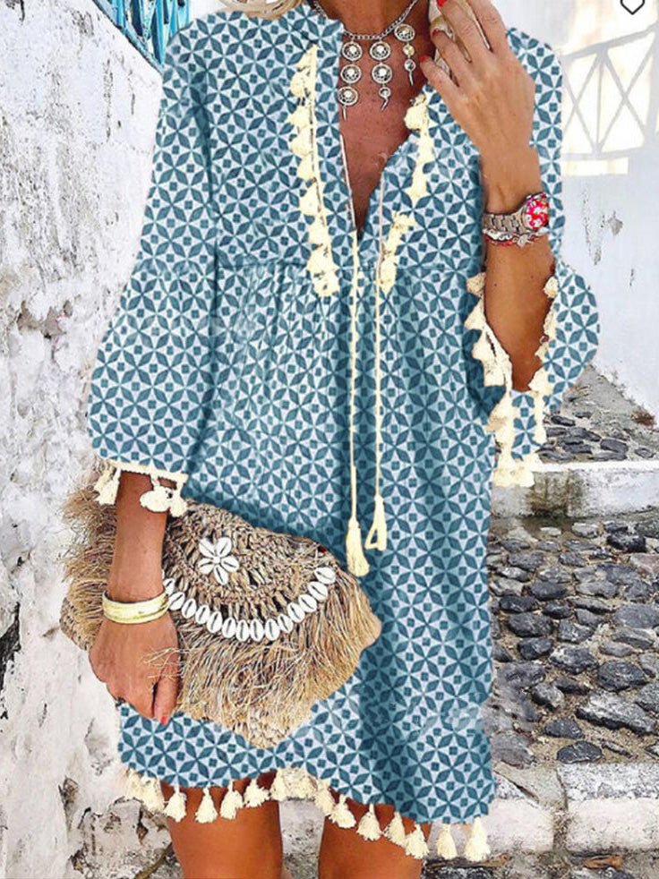 Women's Dresses Printed V-Neck Fringed Ruffle Dress - Mini Dresses - Instastyled | Online Fashion Free Shipping Clothing, Dresses, Tops, Shoes - 13/06/2022 - 30-40 - color-blue