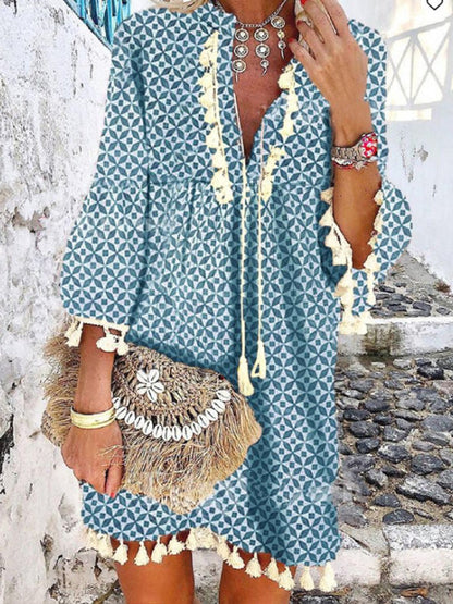 Women's Dresses Printed V-Neck Fringed Ruffle Dress - Mini Dresses - Instastyled | Online Fashion Free Shipping Clothing, Dresses, Tops, Shoes - 13/06/2022 - 30-40 - color-blue