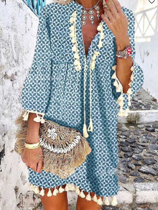 Women's Dresses Printed V-Neck Fringed Ruffle Dress - Mini Dresses - Instastyled | Online Fashion Free Shipping Clothing, Dresses, Tops, Shoes - 13/06/2022 - 30-40 - color-blue