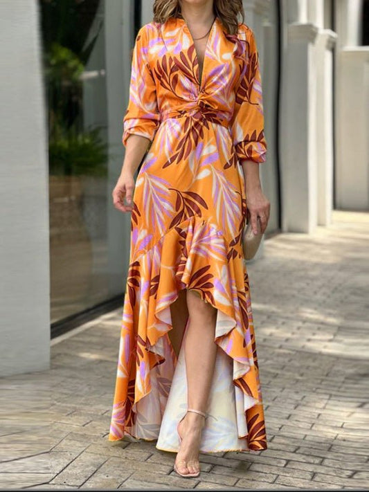Women's Dresses Printed V-Neck High Waist Long Sleeve Dress - Maxi Dresses - Instastyled | Online Fashion Free Shipping Clothing, Dresses, Tops, Shoes - 27/08/2022 - 40-50 - color-cyan